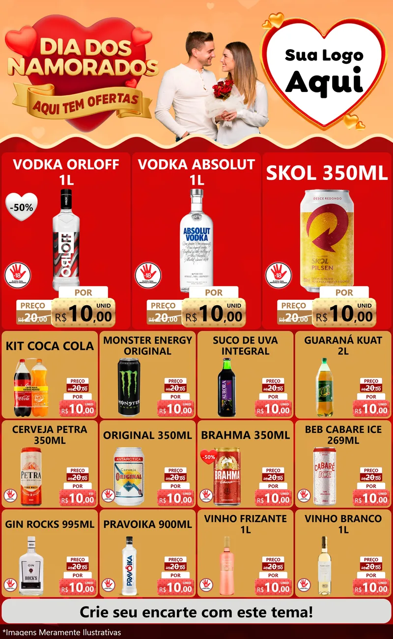 Modelo de Encarte para Encarte Grande com o tema Dia dos Namorados - Aqui Tem Ofertas para Distribuidora de bebidas