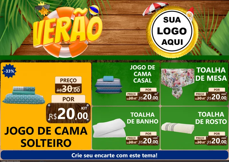 Modelo de Encarte para Encarte A4 Horizontal com o tema Verão para Cama, Mesa e Banho