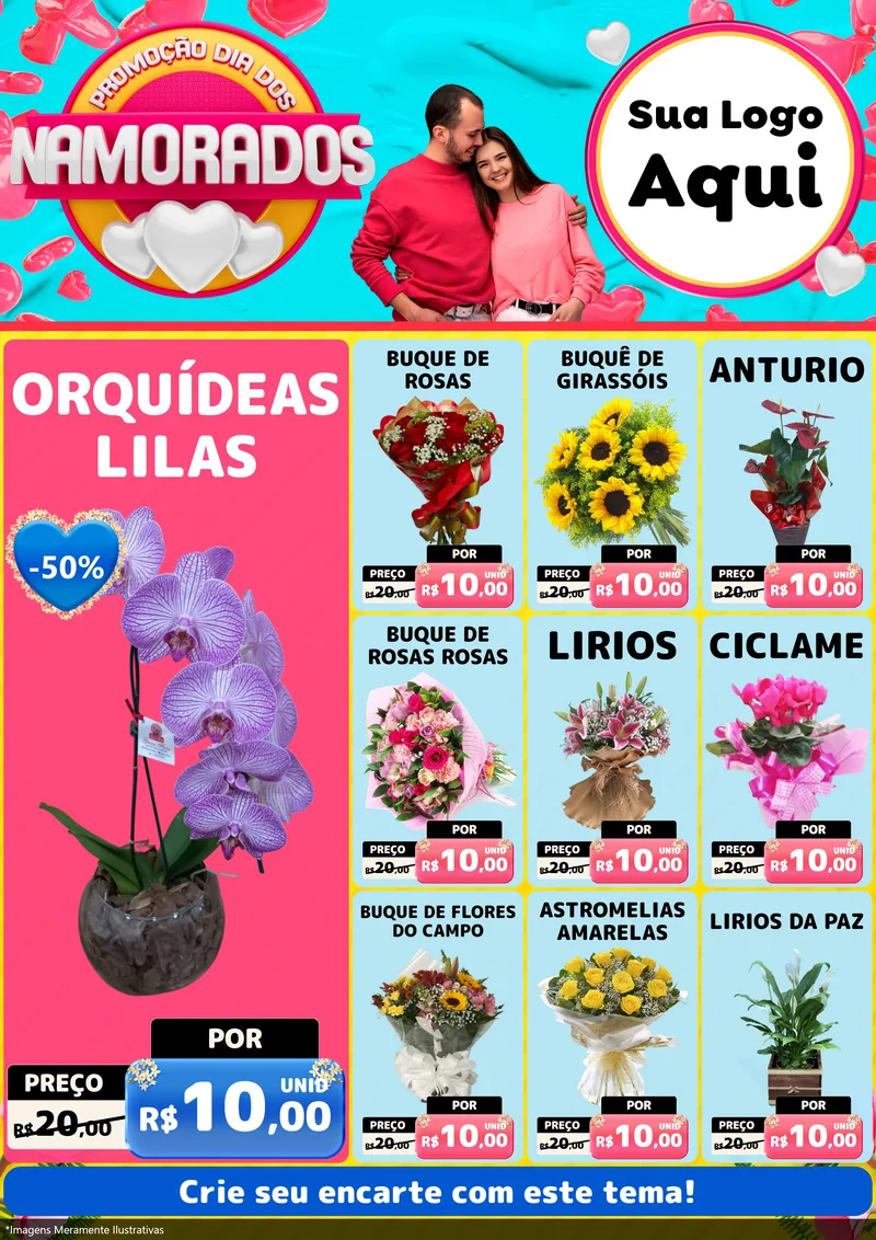 Modelo de Encarte para Encarte A4 Vertical com o tema Promoção Dia dos Namorados para Floricultura e jardim