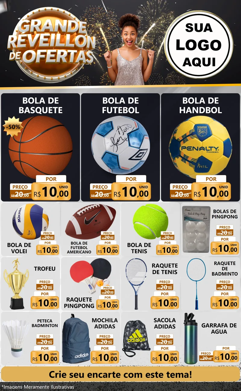 Modelo de Encarte para Encarte Grande com o tema Grande Réveillon de Ofertas para Artigos Esportivos