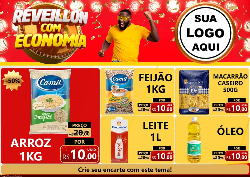 Modelo de Encarte para Encarte A4 Horizontal com o tema Réveillon com Economia para Supermercado