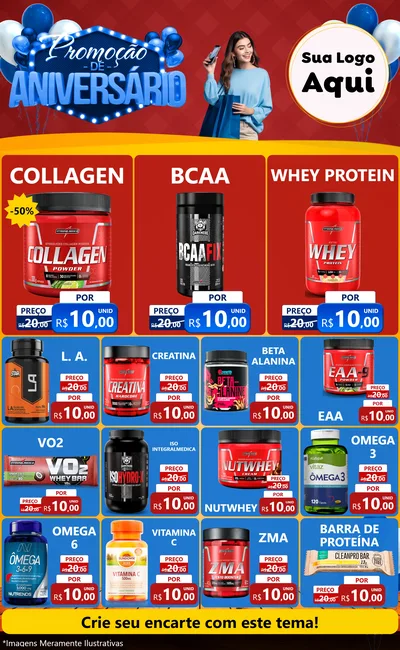 Modelo de Encarte para Encarte Grande com o tema Promoção de Aniversário para Suplementos alimentares