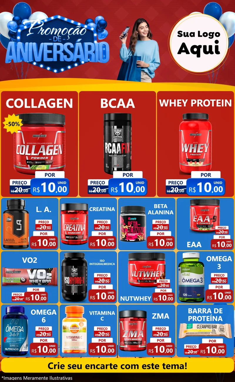 Modelo de Encarte para Encarte Grande com o tema Promoção de Aniversário para Suplementos alimentares