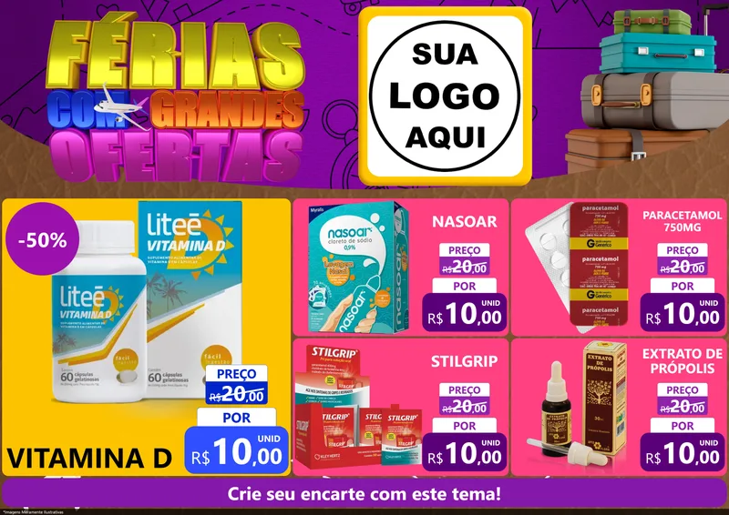 Modelo de Encarte para Encarte A4 Horizontal com o tema Férias com Grandes Ofertas para Farmácia