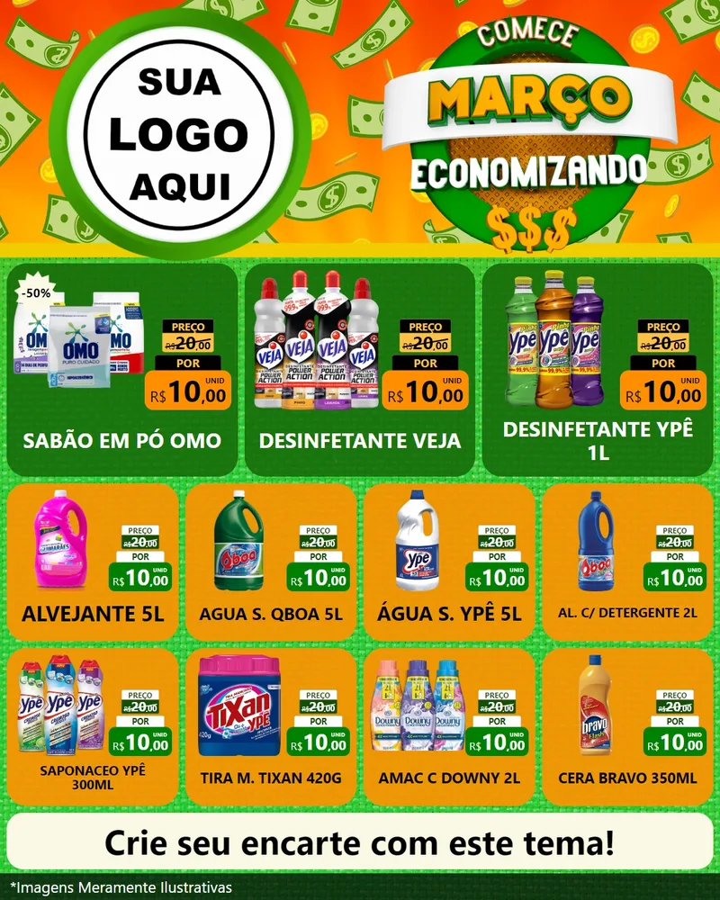 Modelo de Rede Social para Feed Instagram com o tema Comece Março Economizando para Produtos de Limpeza