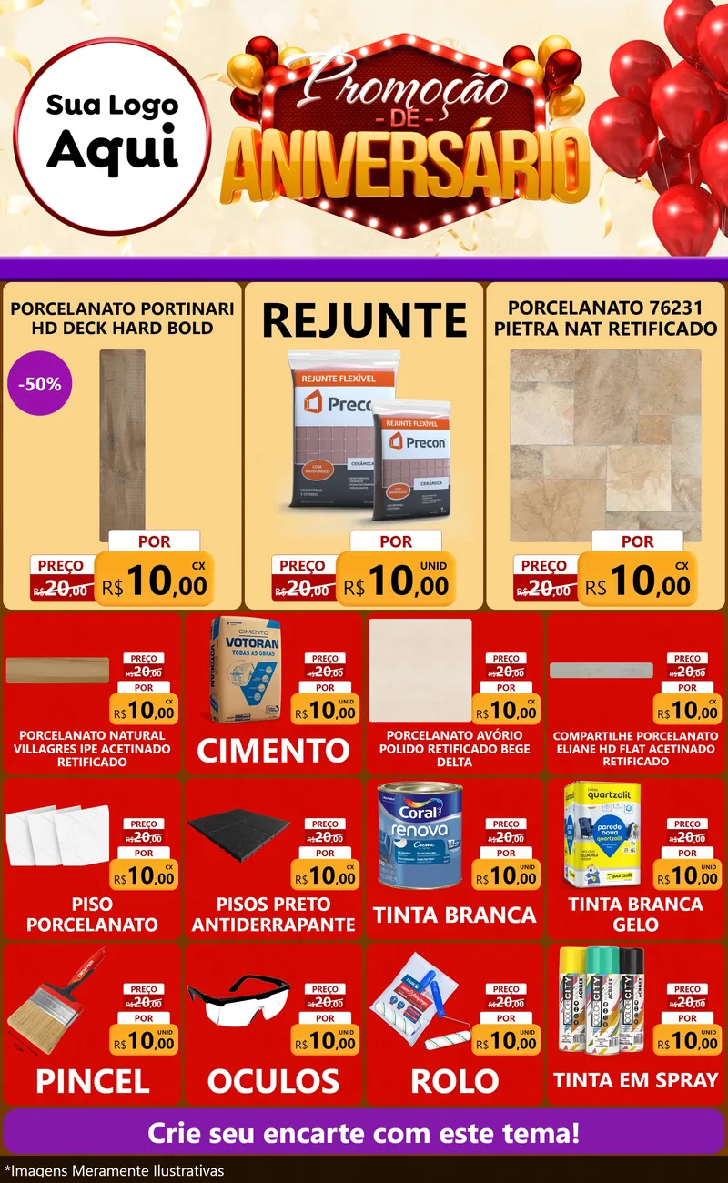 Modelo de Encarte para Encarte Grande com o tema Promoção de Aniversário para Pisos e revestimentos
