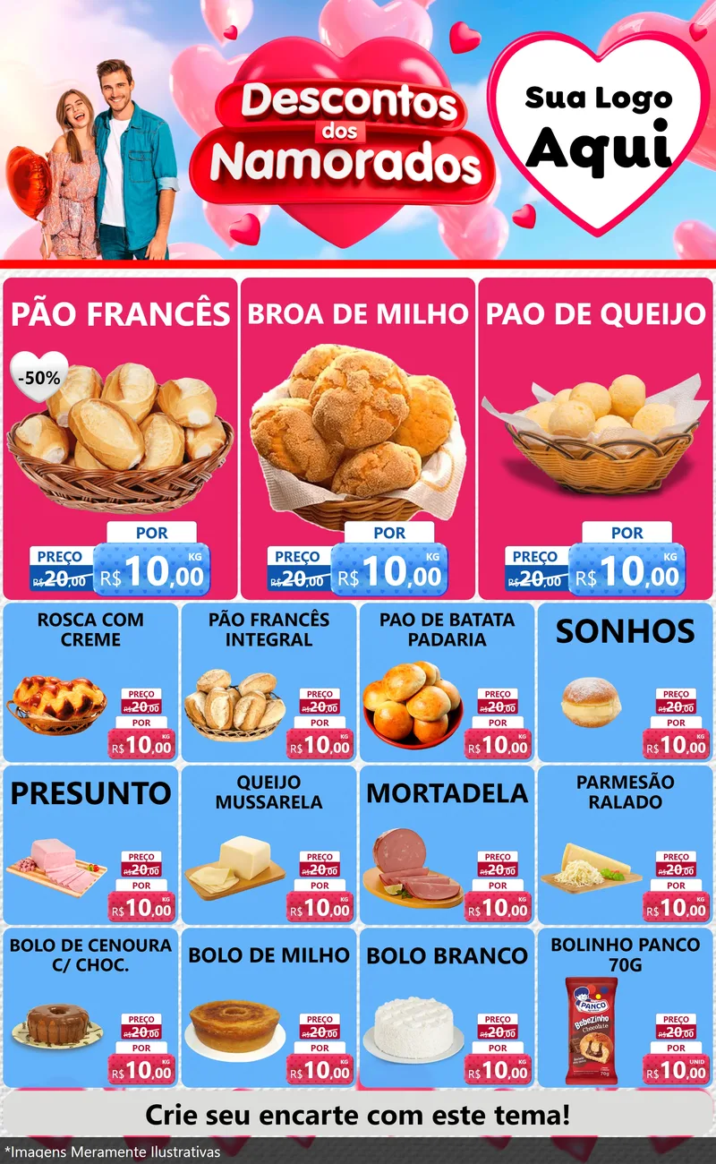Modelo de Encarte para Encarte Grande com o tema Descontos dos Namorados para Padaria