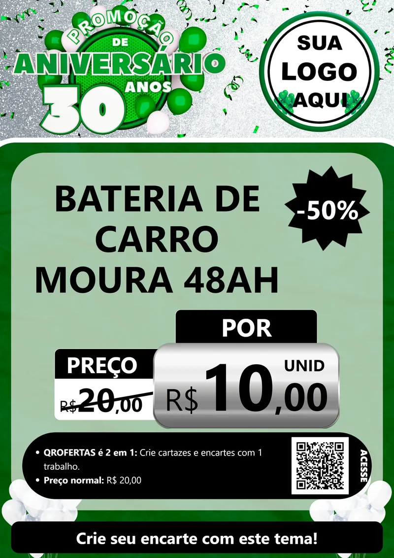 Modelo de Cartaz para Cartaz A4 Vertical com o tema Promoção de Aniversário - 30 Anos para Baterias Elétricas
