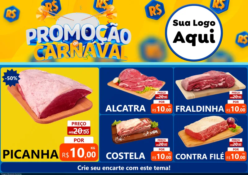 Modelo de Encarte para Encarte A4 Horizontal com o tema Promoção de Carnaval para Açougue