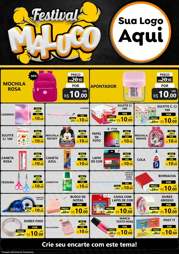 Modelo de Encarte para Encarte A4 Vertical com o tema Festival Maluco para Papelaria