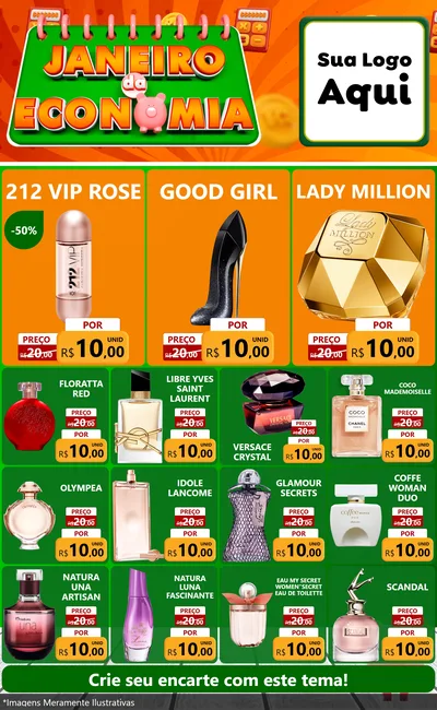 Modelo de Encarte para Encarte Grande com o tema Janeiro da Economia para Perfumes