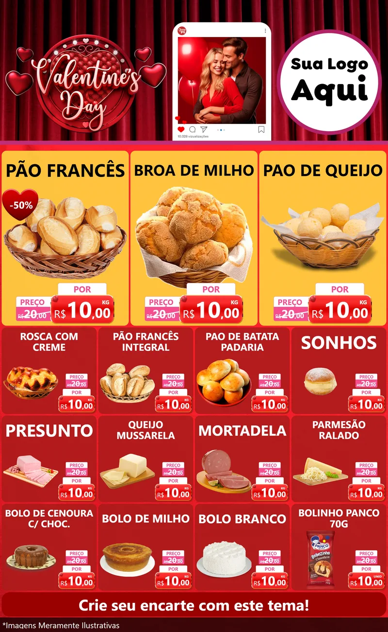 Modelo de Encarte para Encarte Grande com o tema Valentine's Day para Padaria