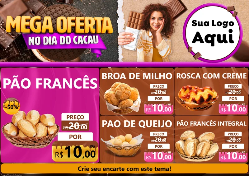 Modelo de Encarte para Encarte A4 Horizontal com o tema Mega Oferta no Dia do Cacau para Padaria