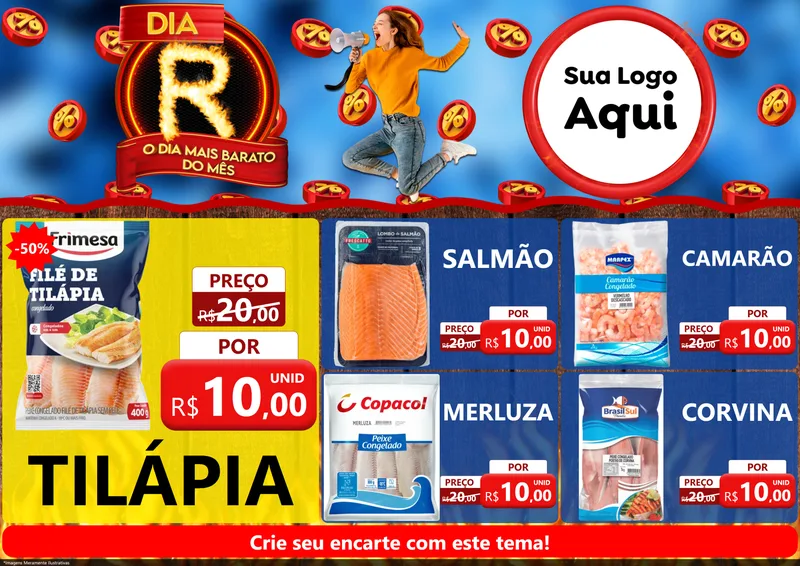 Modelo de Encarte para Encarte A4 Horizontal com o tema Dia R - O Dia Mais Barato Do Mês para Peixaria