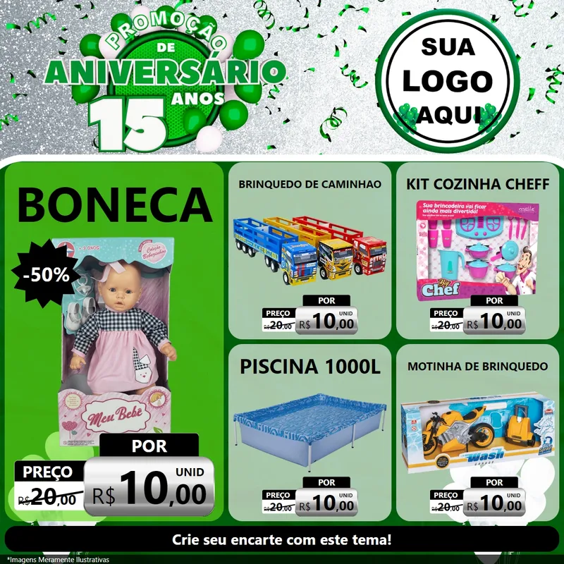 Modelo de Rede Social para Feed Facebook com o tema Promoção de Aniversário - 15 Anos para Brinquedos
