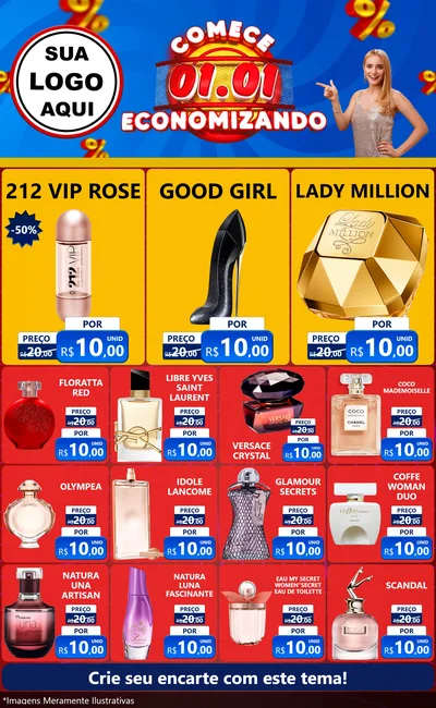 Modelo de Encarte para Encarte Grande com o tema Comece 1º de Janeiro Economizando para Perfumes