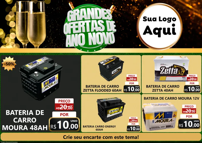 Modelo de Encarte para Encarte A4 Horizontal com o tema Grandes Ofertas de Ano Novo para Baterias Elétricas