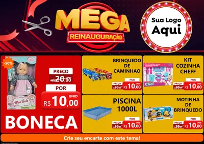 Modelo de Encarte para Encarte A4 Horizontal com o tema Mega Reinauguração para Brinquedos