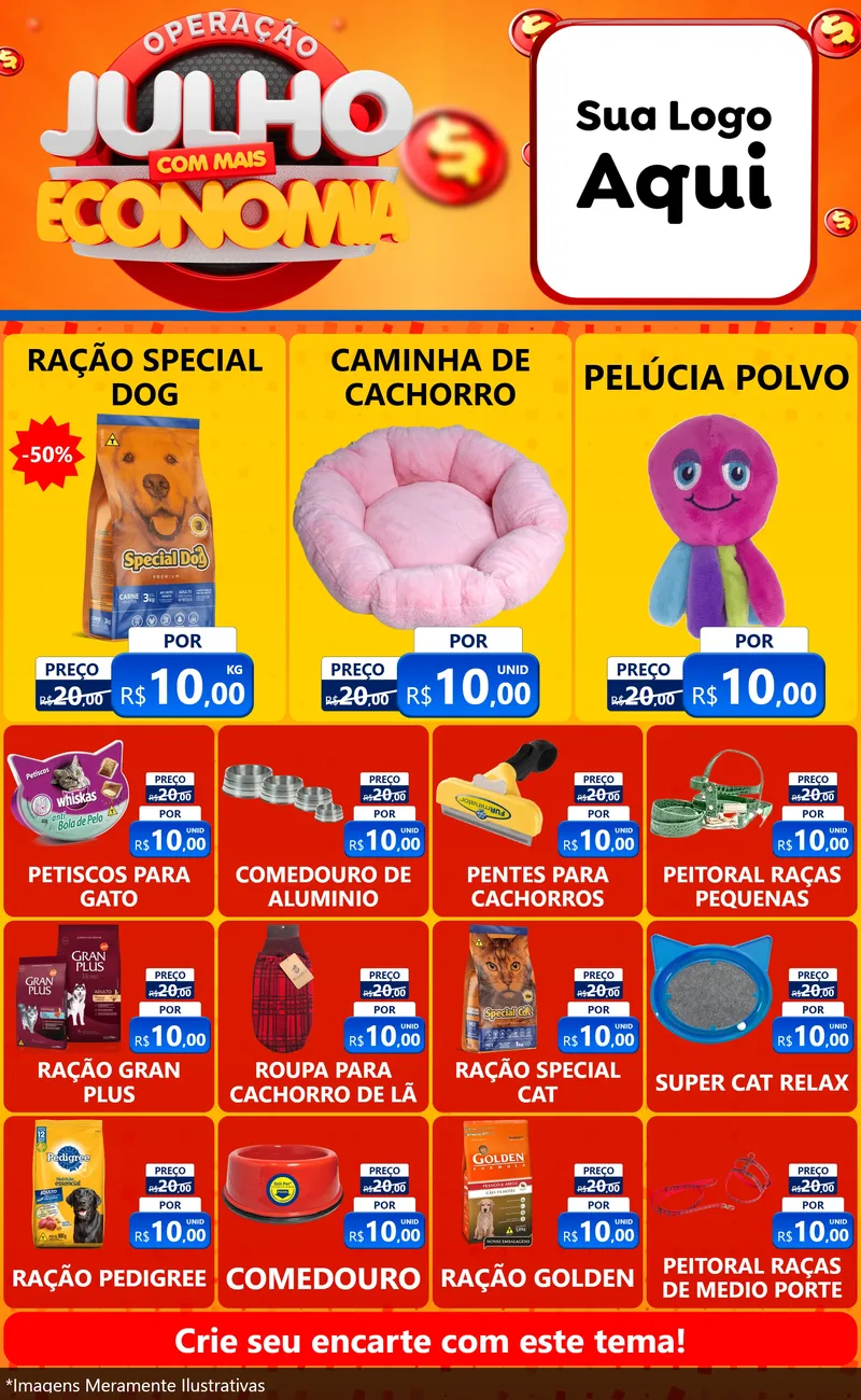 Modelo de Encarte para Encarte Grande com o tema Operação Julho Com Mais Economia para Pet Shop