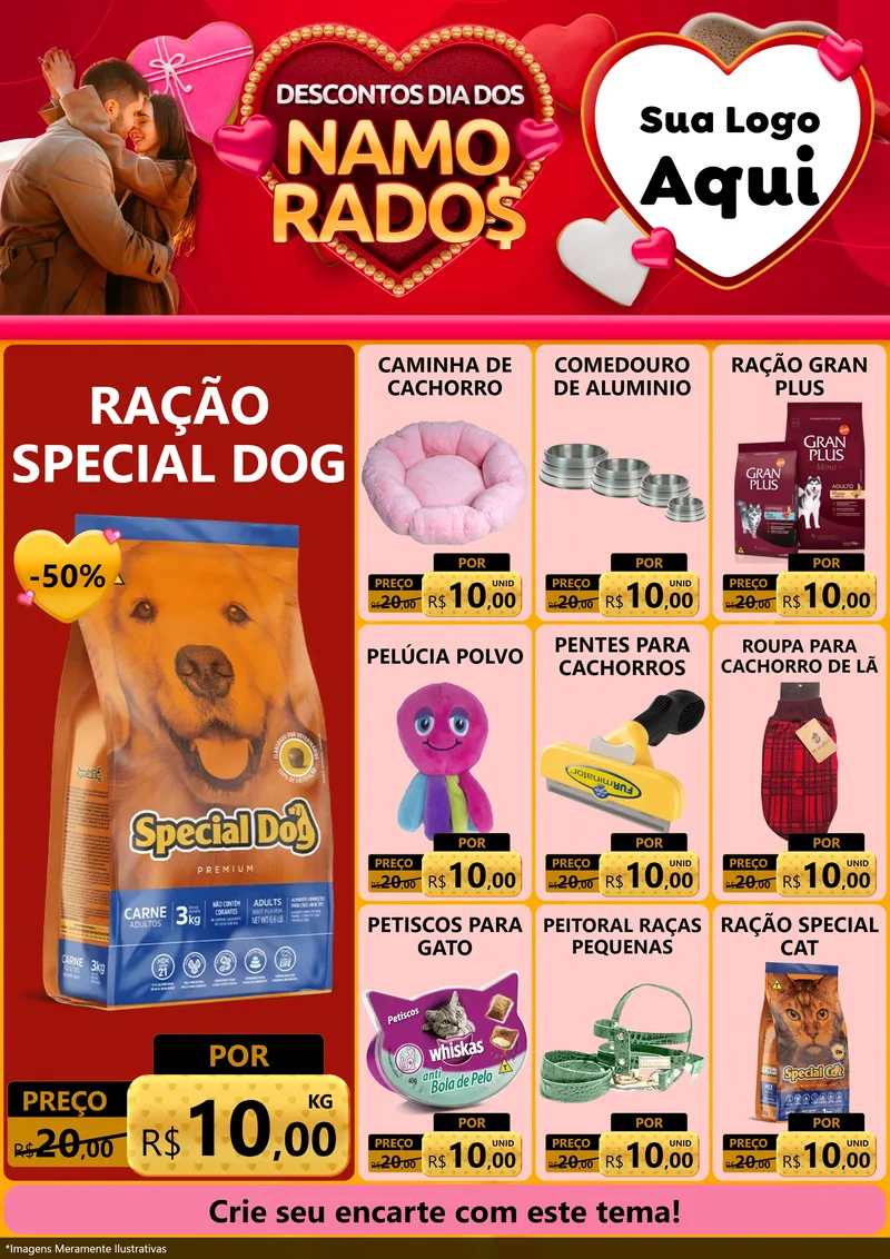 Modelo de Encarte para Encarte A4 Vertical com o tema Descontos Dia dos Namorados para Pet Shop