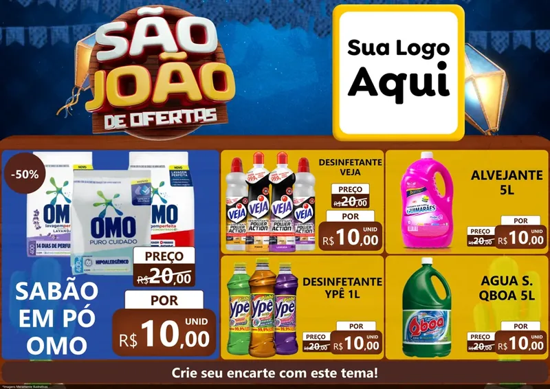 Modelo de Encarte para Encarte A4 Horizontal com o tema São João Ofertas Imbatíveis! - Junina para Produtos de Limpeza