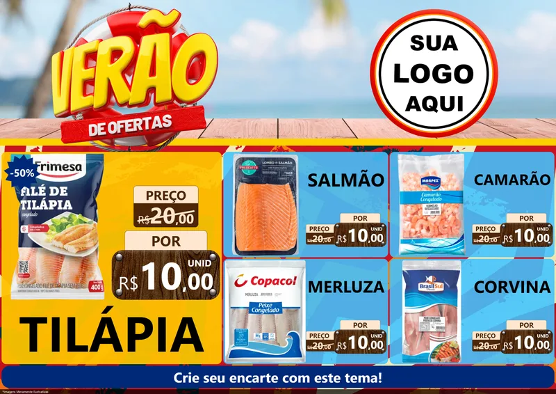 Modelo de Encarte para Encarte A4 Horizontal com o tema Verão de Ofertas para Peixaria