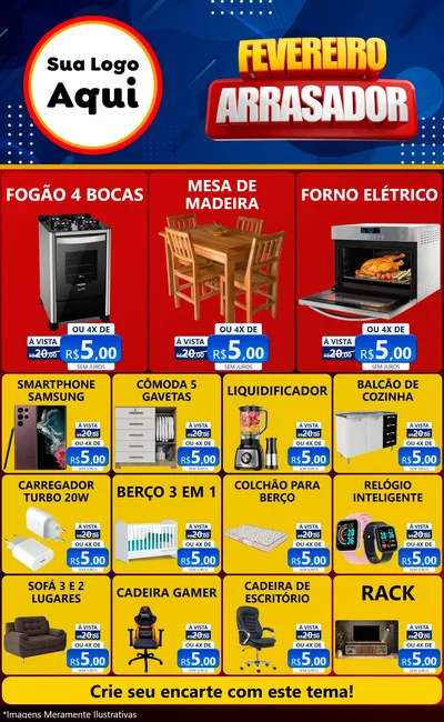 Modelo de Encarte para Encarte Grande com o tema Fevereiro Arrasador para Móveis e Eletro