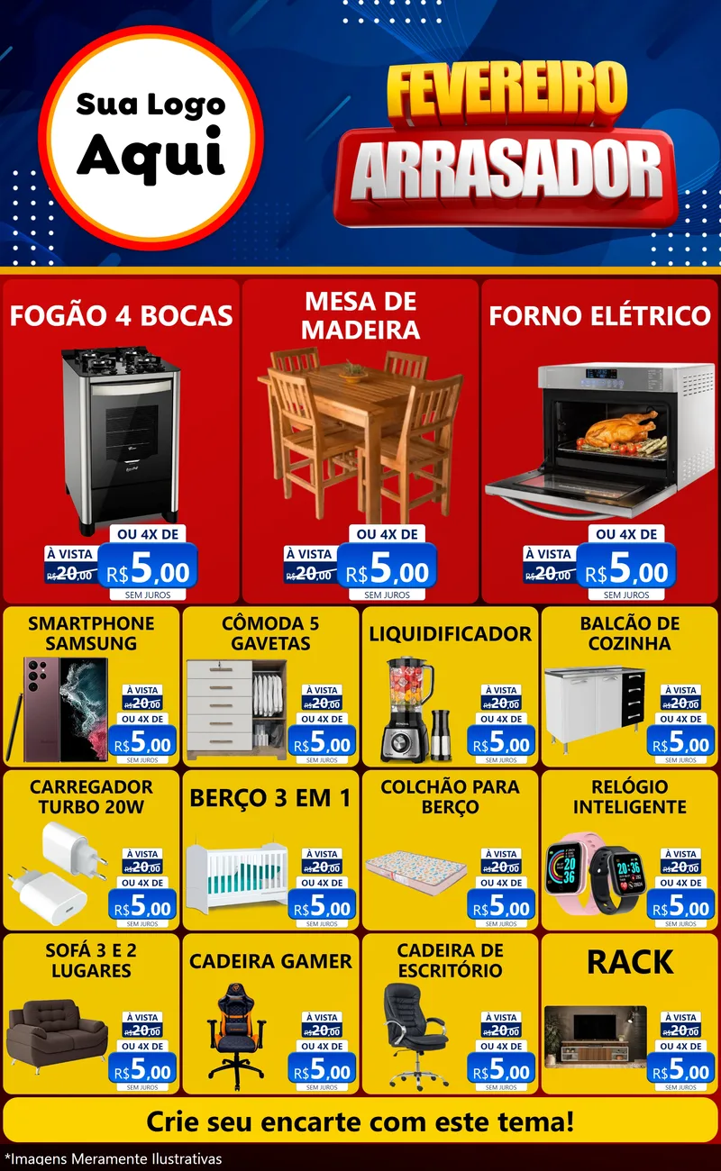 Modelo de Encarte para Encarte Grande com o tema Fevereiro Arrasador para Móveis e Eletro