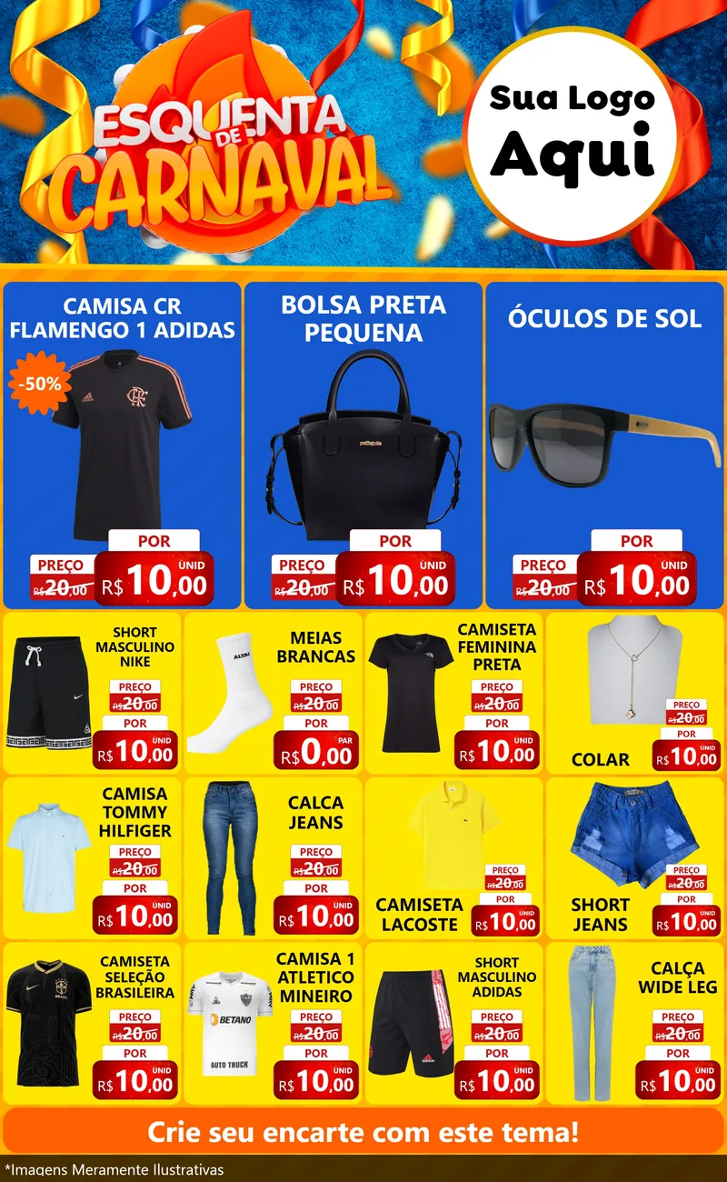 Modelo de Encarte para Encarte Grande com o tema Esquenta de Carnaval para Roupas e acessórios
