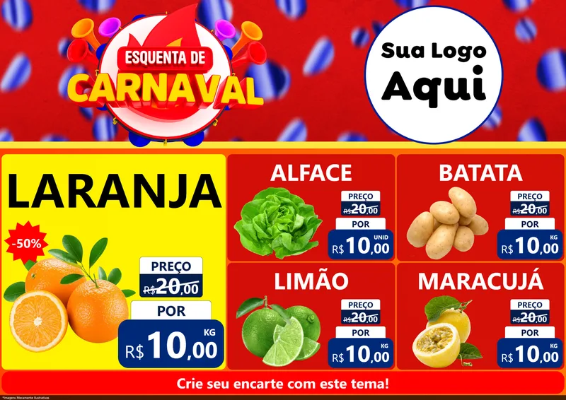 Modelo de Encarte para Encarte A4 Horizontal com o tema Esquenta de Carnaval para Hortifrúti
