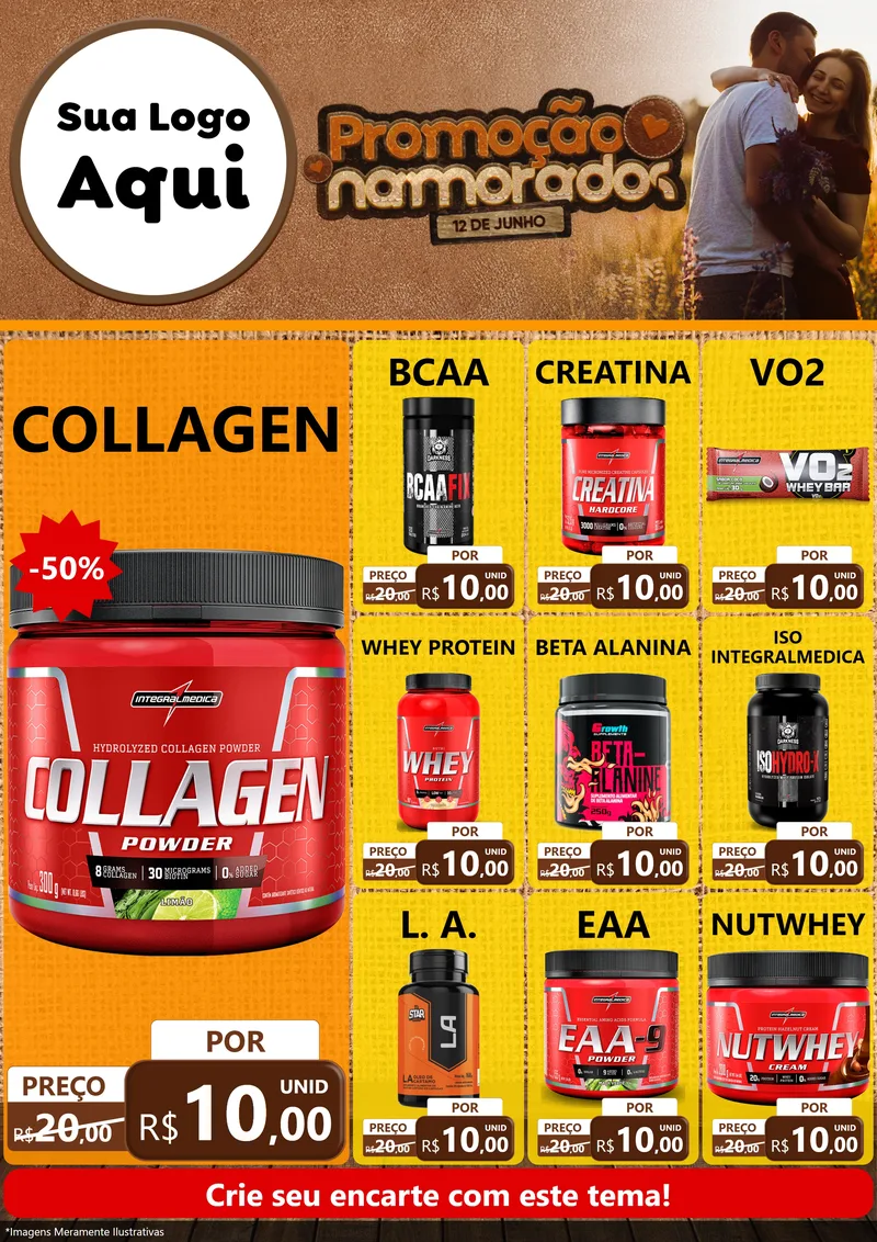Modelo de Encarte para Encarte A4 Vertical com o tema Promoção Namorados para Suplementos alimentares