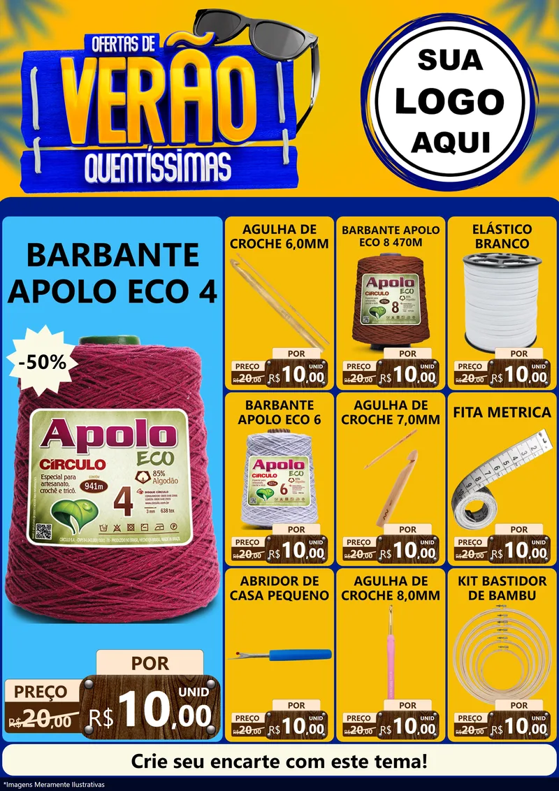 Modelo de Encarte para Encarte A4 Vertical com o tema Ofertas de Verão Quentíssimas para Armarinho e Aviamentos