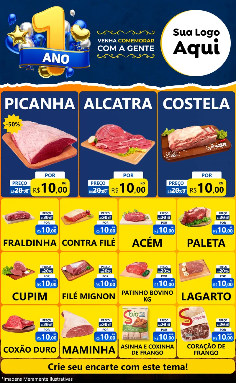 Modelo de Encarte para Encarte Grande com o tema Um Ano de Aniversário para Açougue