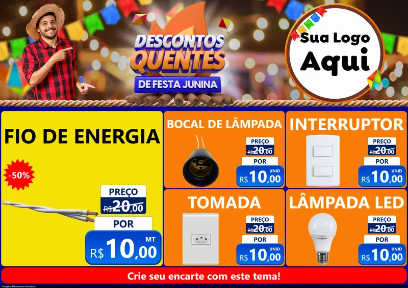 Modelo de Encarte para Encarte A4 Horizontal com o tema Descontos Quentes de Festa Junina para Materiais Elétricos
