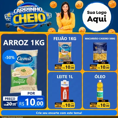 Modelo de Rede Social para Feed Facebook com o tema Comece O Mês de Carrinho Cheio para Supermercado