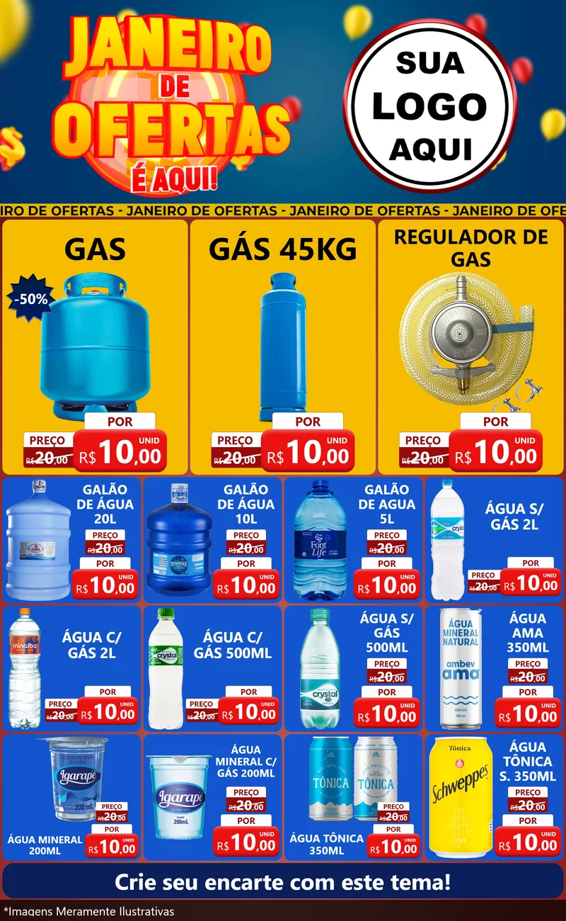 Modelo de Encarte para Encarte Grande com o tema Janeiro de Ofertas É Aqui! para Água e gás