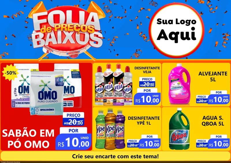 Modelo de Encarte para Encarte A4 Horizontal com o tema Folia de Preços Baixos para Produtos de Limpeza