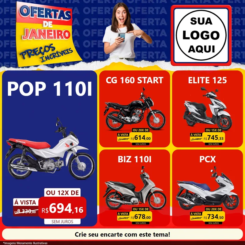 Modelo de Rede Social para Feed Facebook com o tema Ofertas de Janeiro - Preços Incríveis para Concessionaria de Motos