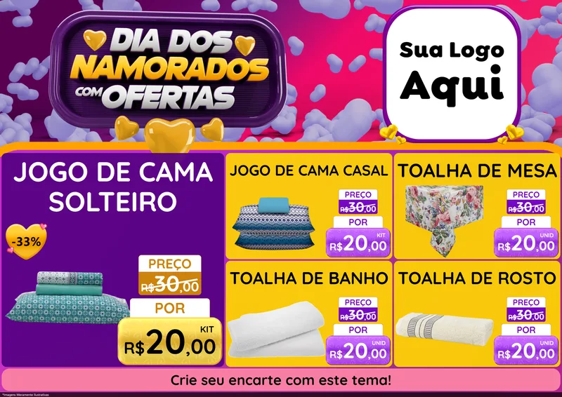 Modelo de Encarte para Encarte A4 Horizontal com o tema Dia Dos Namorados Com Ofertas para Cama, Mesa e Banho