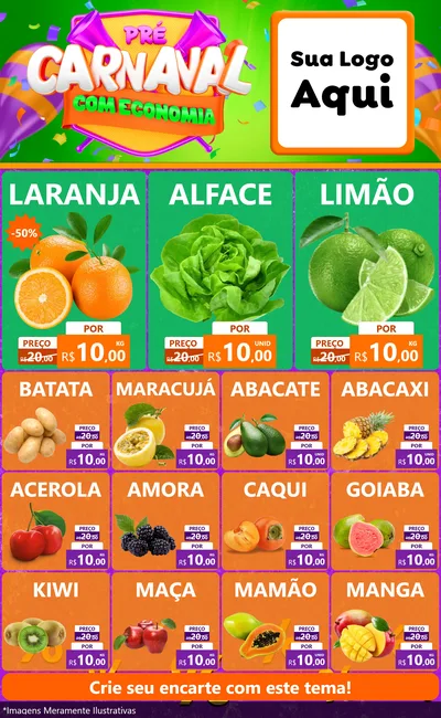 Modelo de Encarte para Encarte Grande com o tema Pré-Carnaval Com Economia para Hortifrúti