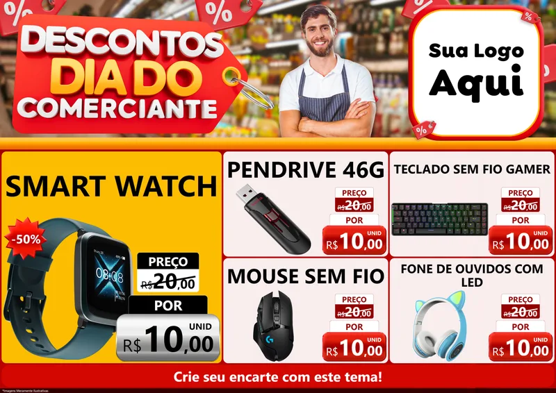Modelo de Encarte para Encarte A4 Horizontal com o tema Descontos Dia do Comerciante para Informática