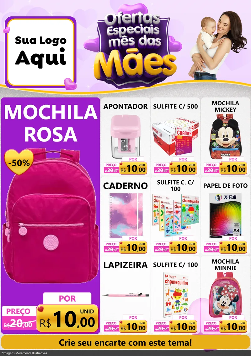 Modelo de Encarte para Encarte A4 Vertical com o tema Ofertas Especiais - Mês das Mães para Papelaria