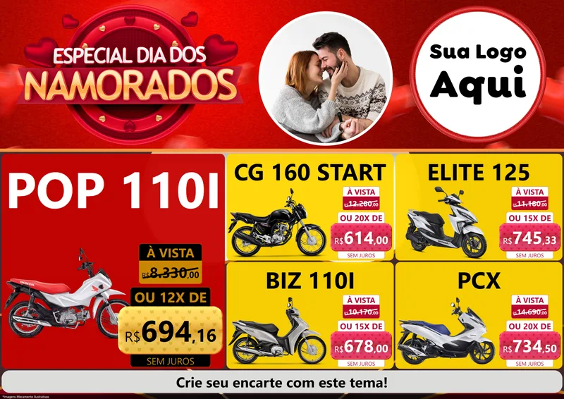 Modelo de Encarte para Encarte A4 Horizontal com o tema Especial Dia Dos Namorados para Concessionaria de Motos