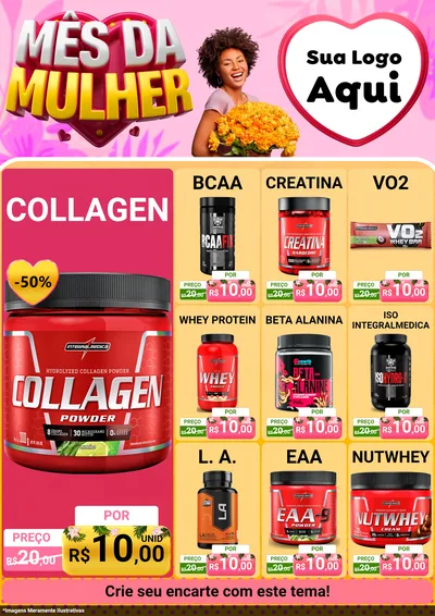 Modelo de Encarte para Encarte A4 Vertical com o tema Mês da Mulher para Suplementos alimentares