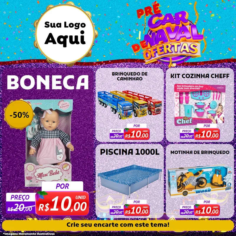 Modelo de Rede Social para Feed Facebook com o tema Pré Carnaval de Ofertas para Brinquedos