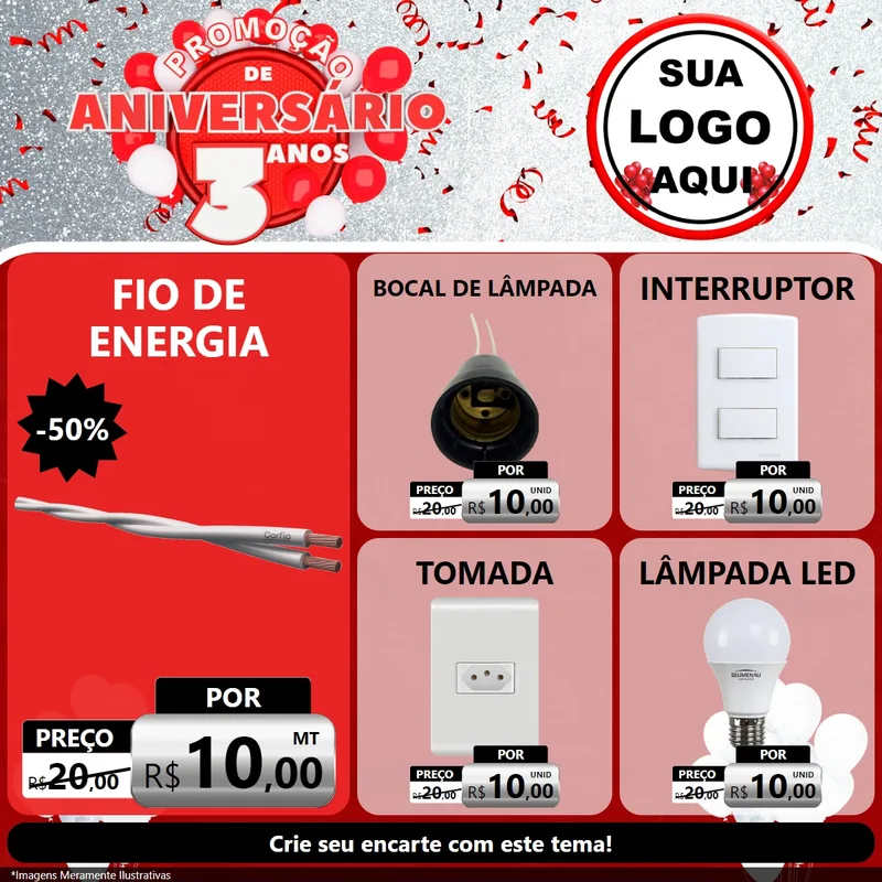 Modelo de Rede Social para Feed Facebook com o tema Promoção de Aniversário - 3 Anos para Materiais Elétricos