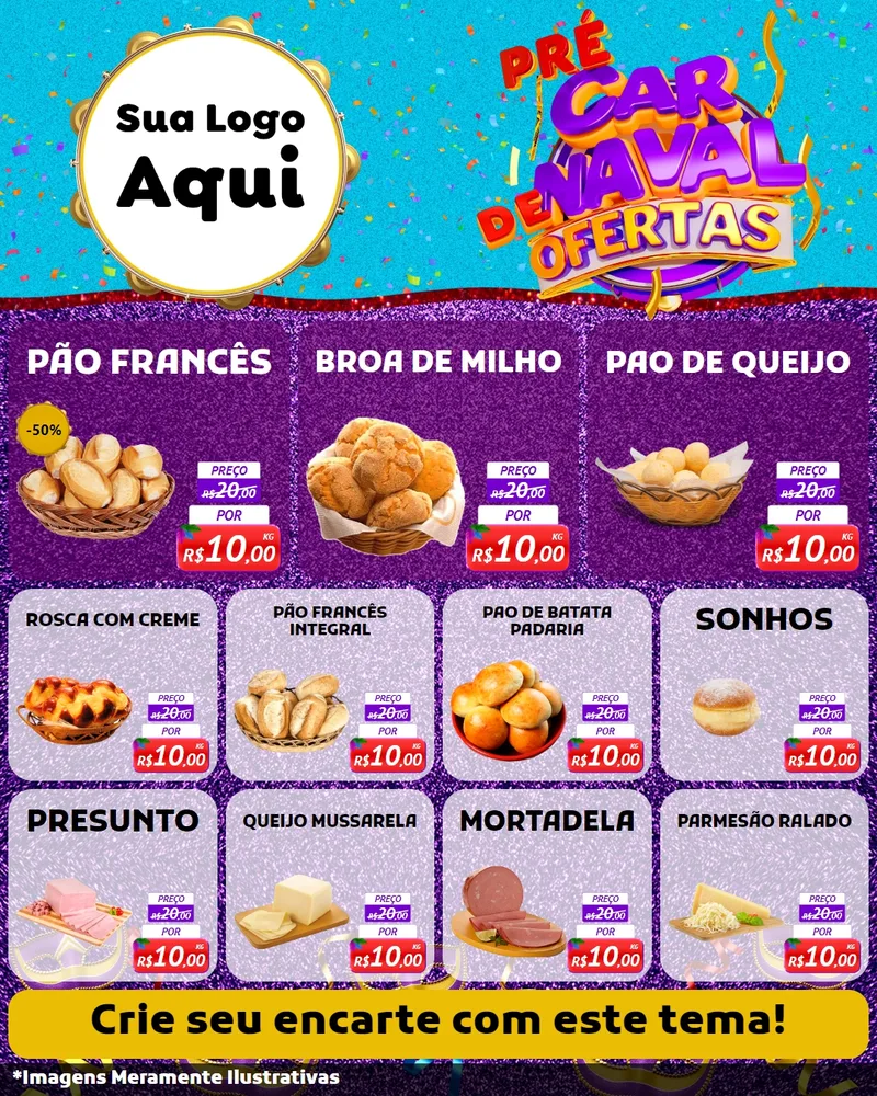 Modelo de Rede Social para Feed Instagram com o tema Pré Carnaval de Ofertas para Padaria