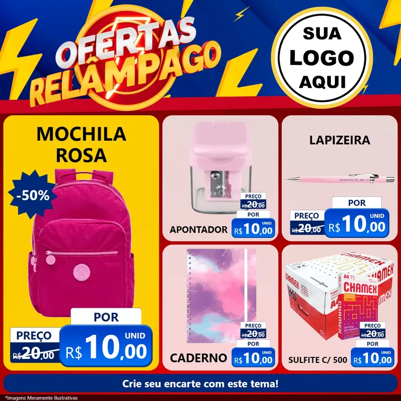 Modelo de Rede Social para Feed Facebook com o tema Ofertas Relâmpago para Papelaria