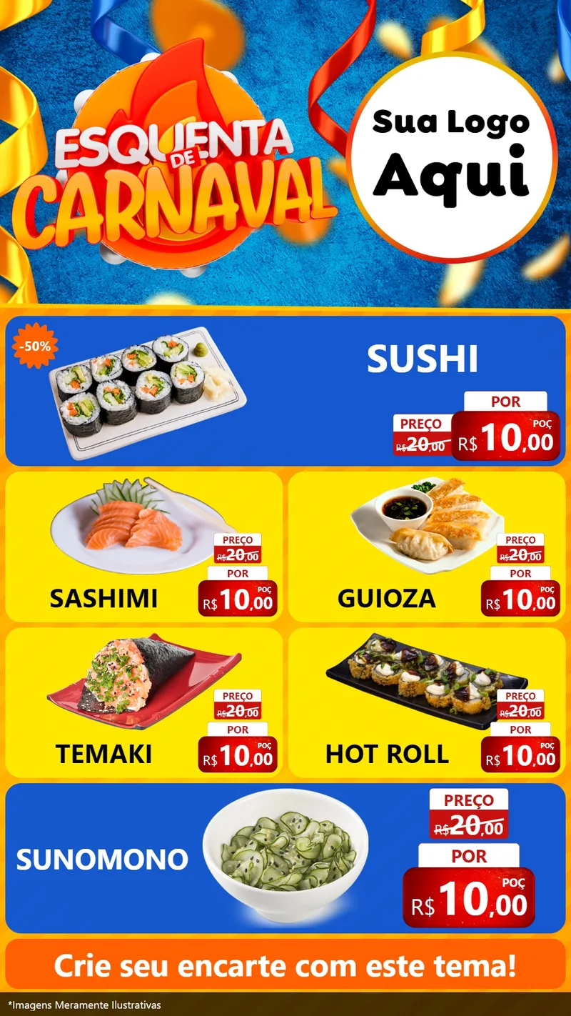 Modelo de TV para TV Vertical com o tema Esquenta de Carnaval para Comida japonesa
