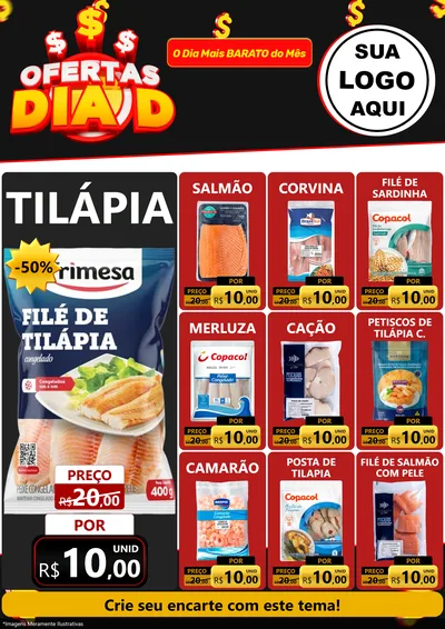 Modelo de Encarte para Encarte A4 Vertical com o tema Ofertas Dia D para Peixaria